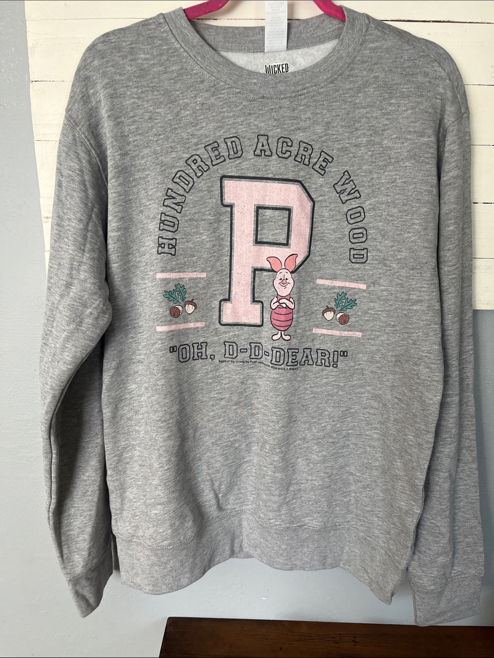 NWOT Gray Crewneck Sweatshirt with Pink 'P' and Piglet Graphic